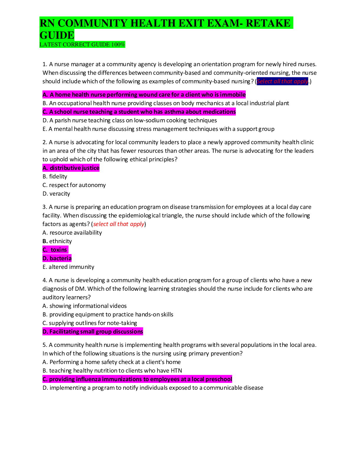 Preview of RN COMMUNITY HEALTH EXIT EXAM- RETAKE GUIDE LATEST CORRECT GUIDE 100%